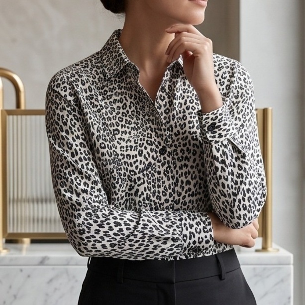 Lands End 12 No Iron Supima Ladies Cotton‎ Leopard Print Button Down Shirt Large
